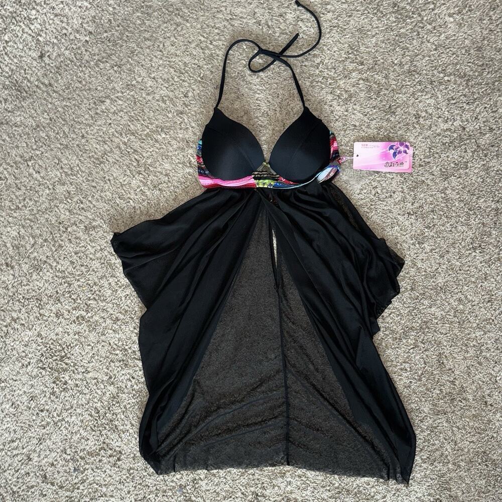 NWT Black Aztec Bikini Top Woman’s Sz M Sheer Mesh Cover Up Bra Tribal Bohemian - Picture 8 of 10